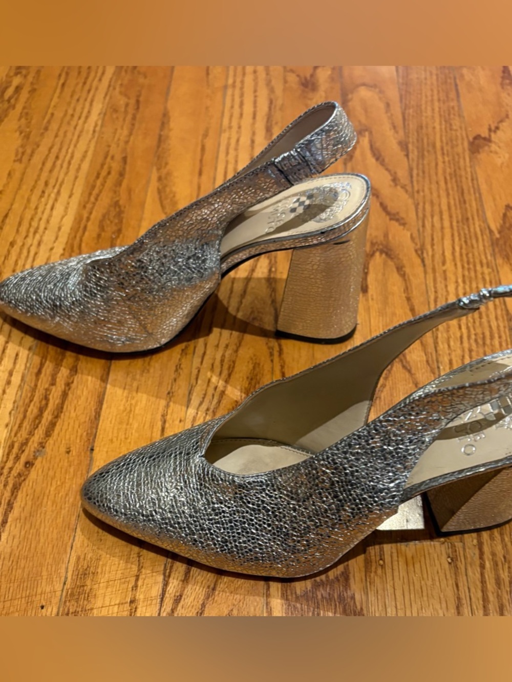 Vince Camuto Hamden Metallic Silver Slingback Block Heel Pumps. As 7.5